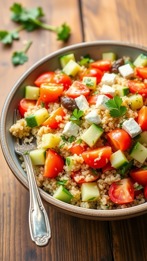 A vibrant Mediterranean quinoa salad with cherry tomatoes, cucumbers, bell peppers, and parsley, topped with feta cheese, served in a rustic bowl.